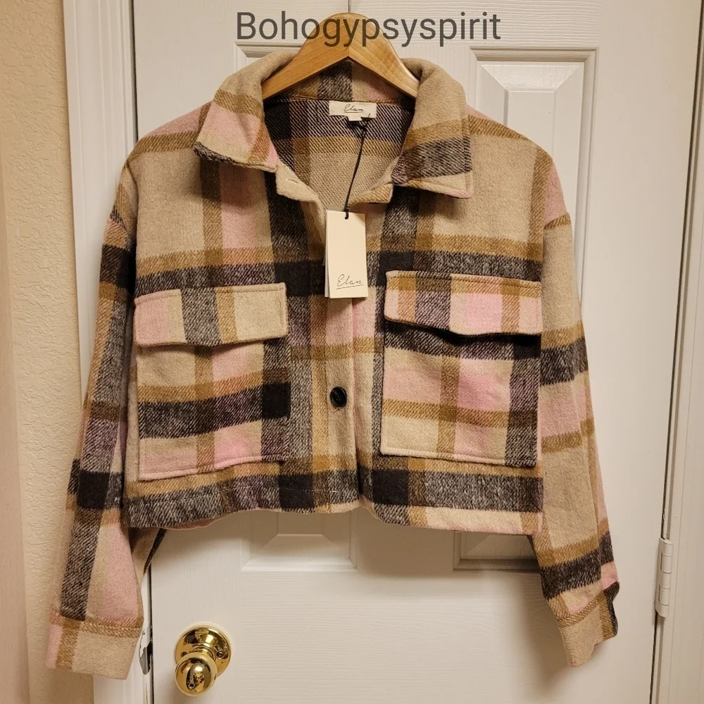 $120 Elan Plaid Cropped Flannel Cropped Jacket
